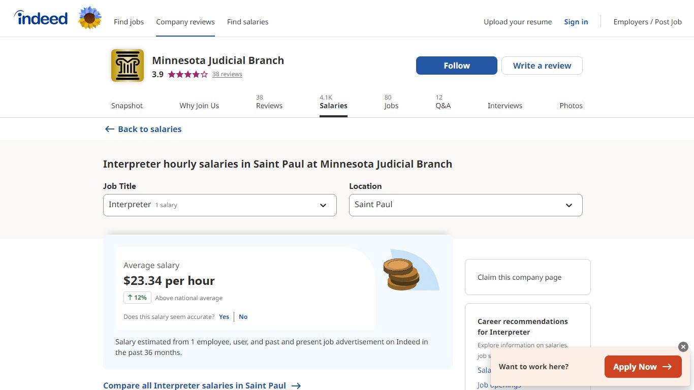 Minnesota Judicial Branch Interpreter Salaries in Saint Paul